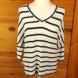 Max Studio Black Blue and White Striped V-Neck‎ Shirt Size Small